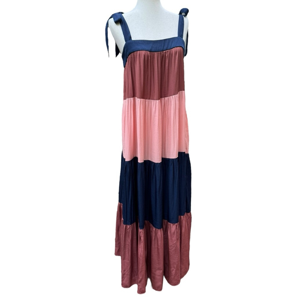 FRNCH Paris Tiered Maxi Dress M Tie Strap Colorblock Boho Viscose Summer Beach - Picture 2 of 14